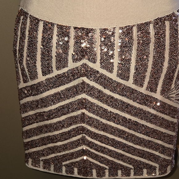 BCBGMaxAzria Sequin Chevron Mini Skirt - Rose GOLD  And Tan Fabric XS NWT - Picture 8 of 10